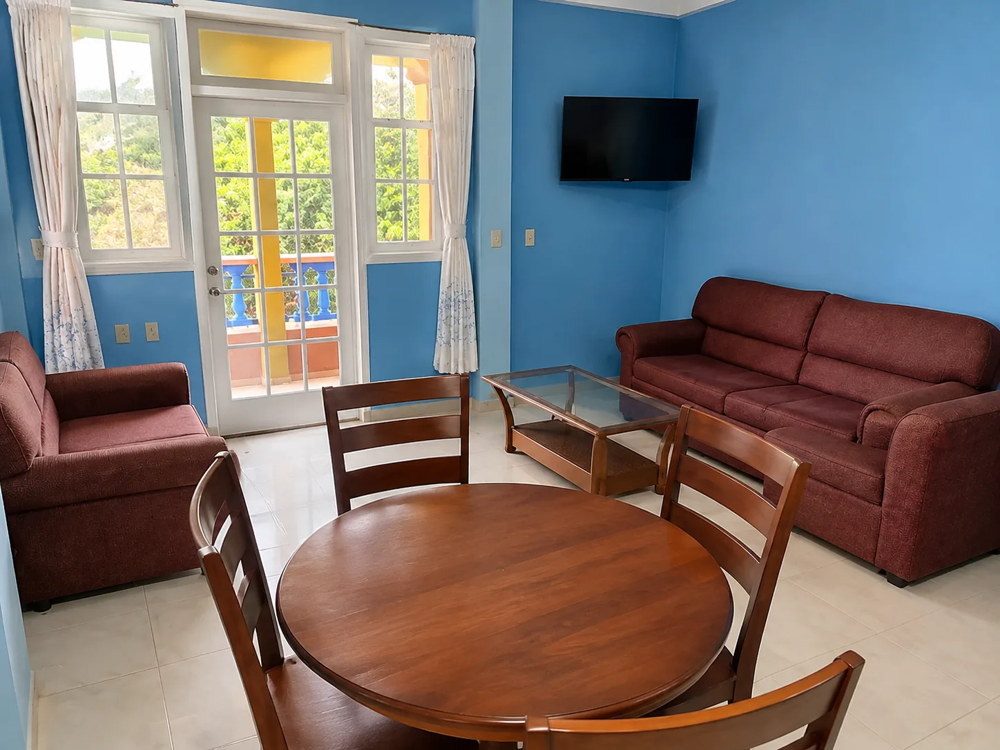The living and dining area of the apartment
